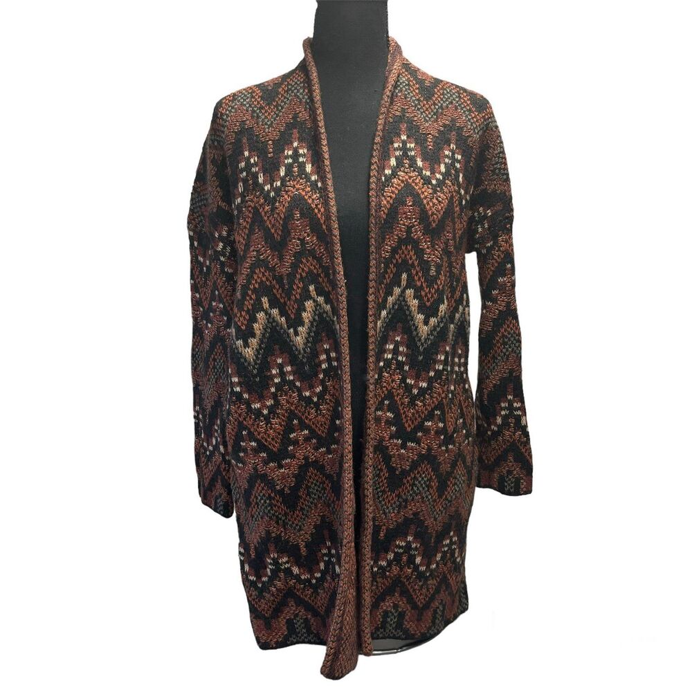 Lucky Brand Long Ikat Cardigan Knit Sweater Black Maroon Wool Acrylic Medium